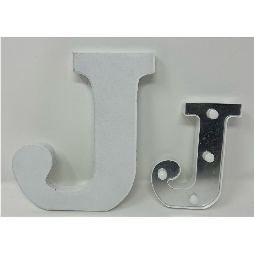 White Wooden Letter J 9" and Plastic Lighted Letter J 6"